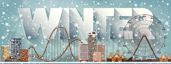 Kış cityscape. Şehir siluetleri. Şehir manzarası. Panorama. Midtown evler. Yeni yıl, Noel. Ocak, Aralık, Şubat tatili. — Stok Vektör
