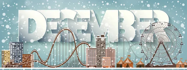 December maand, winter stadsgezicht. Stad silhouetten. De skyline van de stad. Panorama. Midtown huizen. Nieuwjaar, Kerstmis. Vakantie in januari-februari. — Stockvector