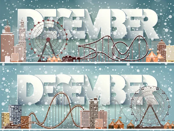 Mes de diciembre, paisaje urbano de invierno.Siluetas de ciudad.skyline de la ciudad. Panorama. Midtown houses.New año, christmas.Holidays en enero febrero . — Vector de stock