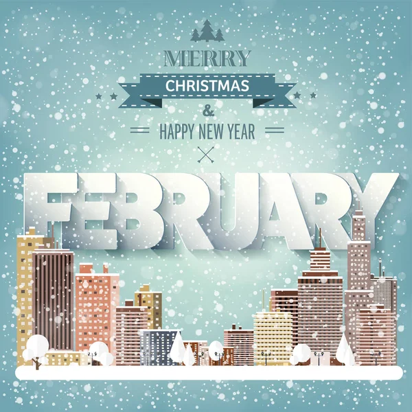 February month,winter cityscape.City silhouettes.Town skyline. Panorama. Midtown houses.New year,christmas.Holidays in January,December. — Stock Vector