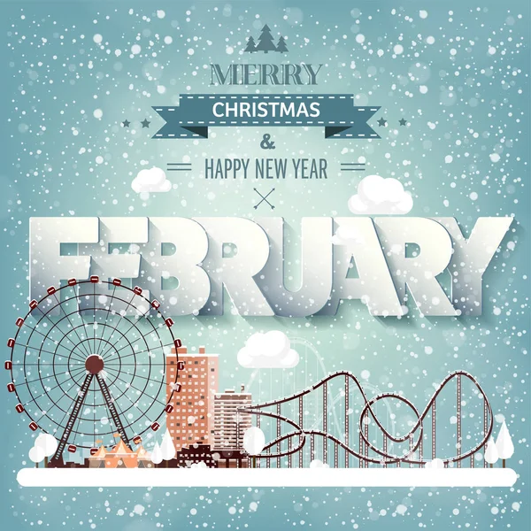 February month,winter cityscape.City silhouettes.Town skyline. Panorama. Midtown houses.New year,christmas.Holidays in January,December. — Stock Vector