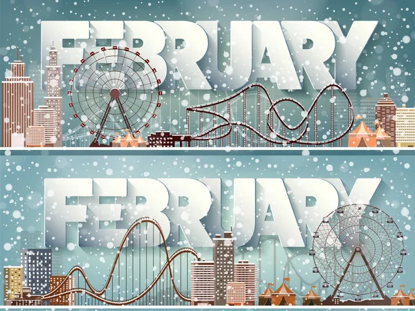 February month, winter cityscape.City silhouettes.Town skyline. Панорама. Midtown houses. New year, christmas.Holidays in January, December . — стоковый вектор