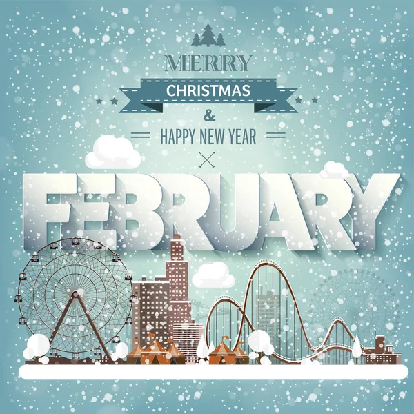 February month,winter cityscape.City silhouettes.Town skyline. Panorama. Midtown houses.New year,christmas.Holidays in January,December. — Stock Vector