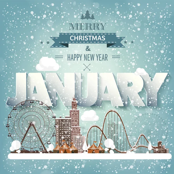 January month,winter cityscape.City silhouettes.Town skyline. Panorama. Midtown houses.New year,christmas.Holidays in December,February. — Stock Vector