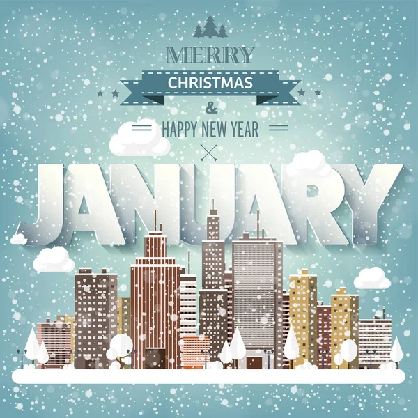January month,winter cityscape.City silhouettes.Town skyline. Panorama. Midtown houses.New year,christmas.Holidays in December,February. — Stock Vector