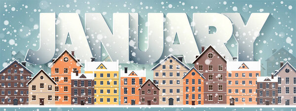 January month,winter cityscape.City silhouettes.Town skyline. Panorama. Midtown houses.New year,christmas.Holidays in December,February.