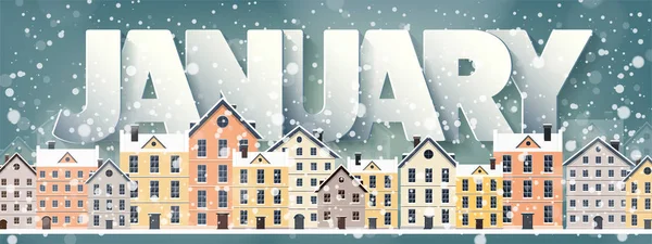 Januari maand, winter stadsgezicht. Stad silhouetten. De skyline van de stad. Panorama. Midtown huizen. Nieuwjaar, Kerstmis. Vakantie in December, februari. — Stockvector