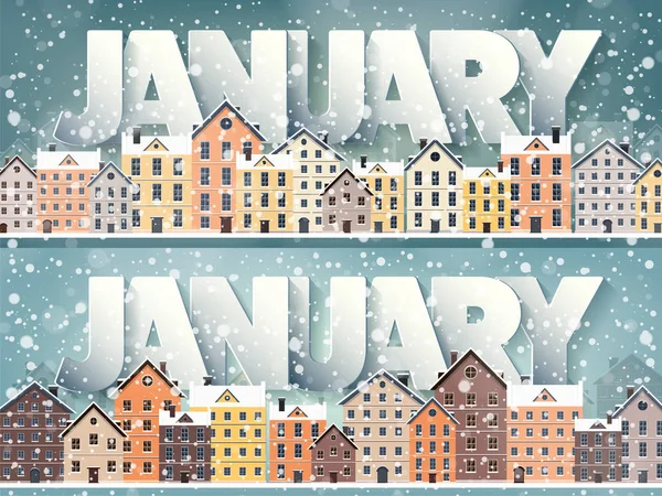 Μήνας Ιανουάριος, αστικό τοπίο του χειμώνα. Πόλη σιλουέτες. Στον ορίζοντα της πόλης. Πανόραμα. Midtown σπίτια. Το νέο έτος, Χριστούγεννα. Διακοπές τον Δεκέμβριο, Φεβρουάριο. — Διανυσματικό Αρχείο