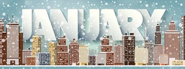 Janvier mois, paysage urbain d'hiver.silhouettes de la ville.skyline de la ville. Panorama. Midtown houses.New année, noël. Vacances en Décembre, Février . — Image vectorielle