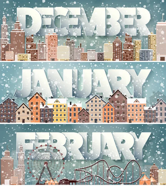 Winter cityscape.city silhouettes.town Skyline. Panorama. midtown hauss.new year, christmas.holidays im dezember, januar, februar. — Stockvektor