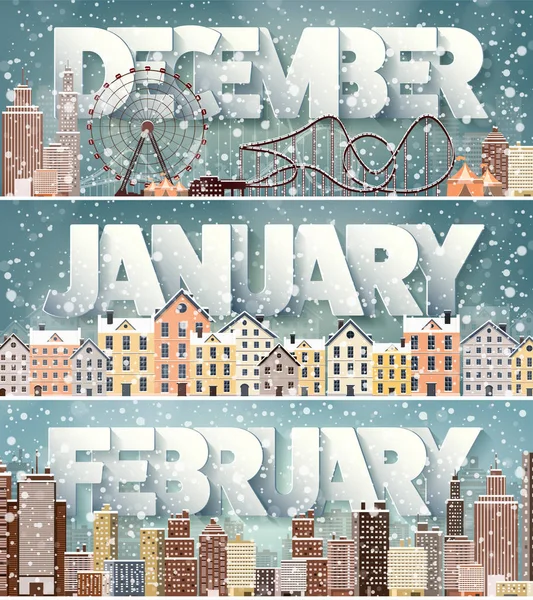 Winter cityscape.city silhouettes.town Skyline. Panorama. midtown hauss.new year, christmas.holidays im dezember, januar, februar. — Stockvektor