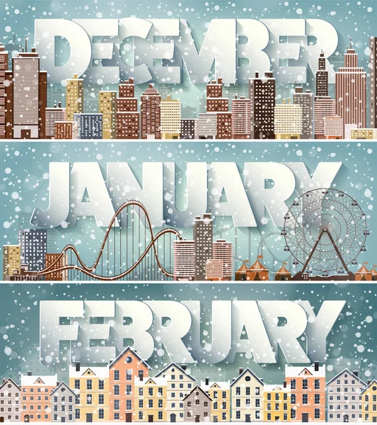 Winter cityscape.city silhouettes.town Skyline. Panorama. midtown hauss.new year, christmas.holidays im dezember, januar, februar. — Stockvektor