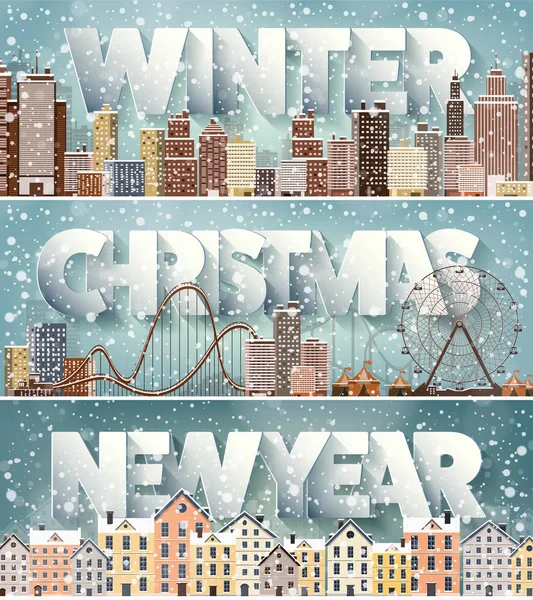 Winter cityscape.City silhouettes.Town skyline. Panorama. Midtown houses.New year,christmas.Holidays in December,January,February. — Stock Vector