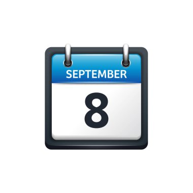 Eylül 8. Takvim simgesini. Vektör çizim, düz stil. Ay ve tarih. Sunday,Monday,Tuesday,Wednesday,Thursday,Friday,Saturday.Week,Weekend,Red mektup gün. 2017,2018 yıl. Tatil.