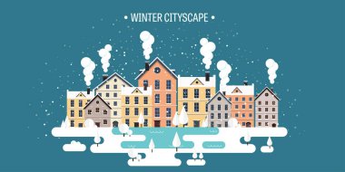 Vektör çizim. Kış kentsel peyzaj. Kar ile şehir. Noel ve yeni yıl. Cityscape. Binalar.