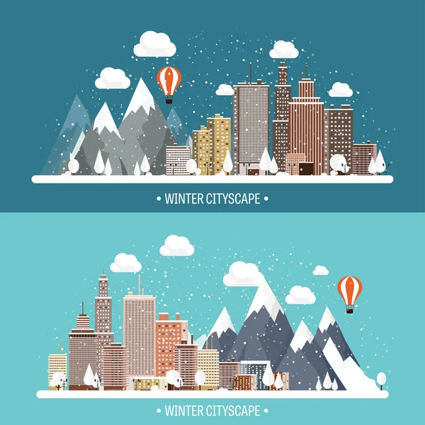 Ilustración vectorial. Paisaje urbano invernal. Ciudad con nieve. Navidad y año nuevo. Paisaje urbano. Edificios.Montañas, naturaleza . — Archivo Imágenes Vectoriales