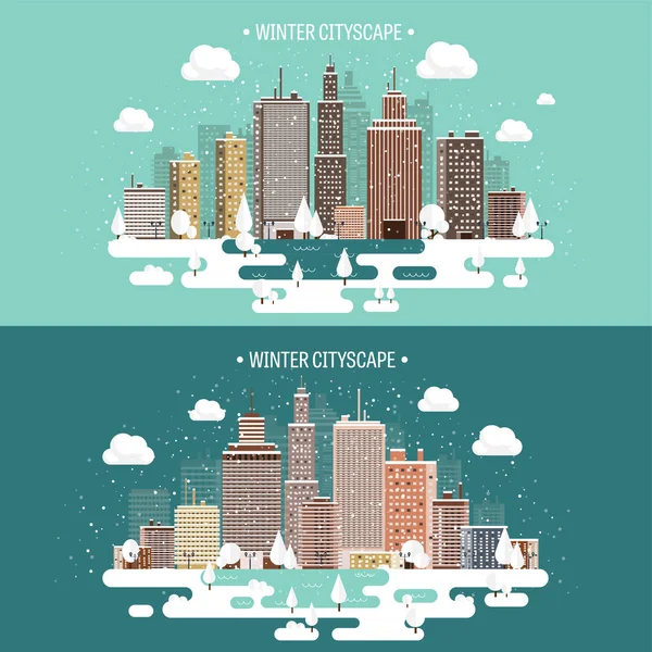 Ilustración vectorial. Paisaje urbano invernal. Ciudad con nieve. Navidad y año nuevo. Paisaje urbano. Edificios . — Vector de stock