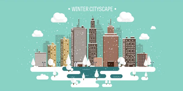 Vectorillustratie. Winter stedelijk landschap. Stad met sneeuw. Kerstmis en Nieuwjaar. Stadsgezicht. Gebouwen. — Stockvector