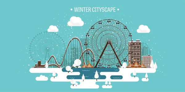 Vectorillustratie. Stedelijke winterlandschap. Stad met sneeuw. Kerstmis en Nieuwjaar. Cityscape. Buildings.Ferris wiel, park. — Stockvector