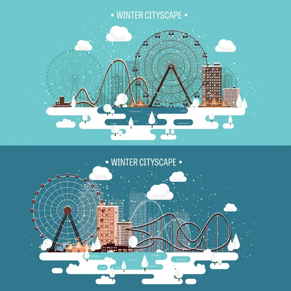 Vectorillustratie. Stedelijke winterlandschap. Stad met sneeuw. Kerstmis en Nieuwjaar. Cityscape. Buildings.Ferris wiel, park. — Stockvector