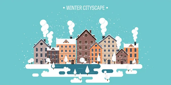 Vektorillustration. Winterurbane Landschaft. Stadt mit Schnee. Weihnachten und Neujahr. Stadtbild. Gebäude. — Stockvektor