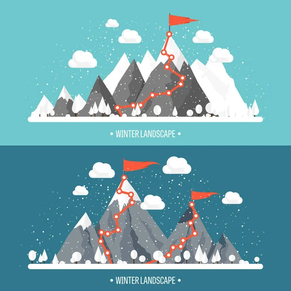 Montañas en invierno, pico con nieve. Paisaje natural. Viaje de Navidad. Senderismo y Camping. Vida salvaje. Logro, exploración, descubrimiento. Estilo plano . — Vector de stock