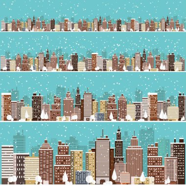 Vektör çizim. Kış kentsel peyzaj. Kar ile şehir. Noel ve yeni yıl. Cityscape. Binalar.