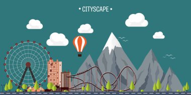 Vektör çizim. Dönme dolap. Karnaval. Lunapark arka plan. Sirk park. Gökdelenler ile silindir sahil. Dağ tepe. Doğa. Ekoloji.