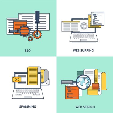 Vektör çizim. Düz arka plan. Kodlama, programlama. SEO. Arama Motoru Optimizasyonu. Uygulama geliştirme, oluşturma. Yazılım, program kodu. Web Tasarım.