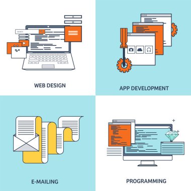 Vektör çizim. Düz arka plan. Kodlama, programlama. SEO. Arama Motoru Optimizasyonu. Uygulama geliştirme, oluşturma. Yazılım, program kodu. Web Tasarım.