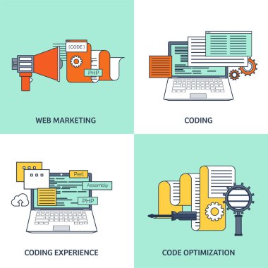 Vektör çizim. Düz arka plan. Kodlama, programlama. SEO. Arama Motoru Optimizasyonu. Uygulama geliştirme, oluşturma. Yazılım, program kodu. Web Tasarım.