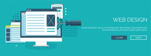 Vektorillustration. flacher Hintergrund. Programmierung, Programmierung. seo. Suchmaschinenoptimierung. App-Entwicklung, Erstellung. Software, Programmcode. Webdesign. — Stockvektor