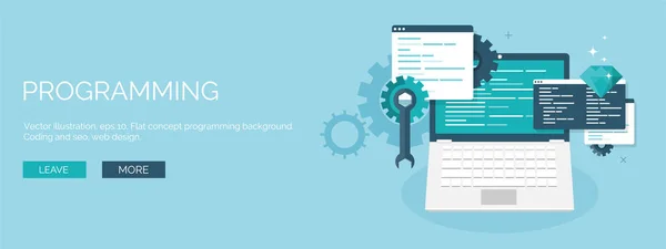 Ilustración vectorial. Fondo plano. Codificación, programación. SEO. Optimización de motores de búsqueda. Desarrollo de aplicaciones, creación. Software, código de programa. Diseño web . — Archivo Imágenes Vectoriales