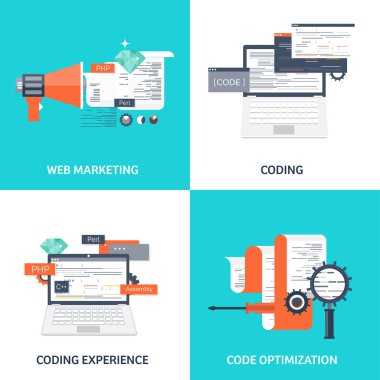 Vektör çizim. Düz arka plan. Kodlama, programlama. SEO. Arama Motoru Optimizasyonu. Uygulama geliştirme, oluşturma. Yazılım, program kodu. Web Tasarım.