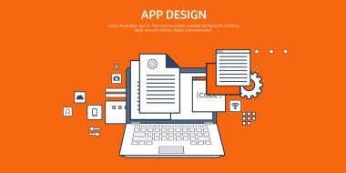 Vektör çizim. Düz arka plan. Kodlama, programlama. SEO. Arama Motoru Optimizasyonu. Uygulama geliştirme, oluşturma. Yazılım, program kodu. Web Tasarım.