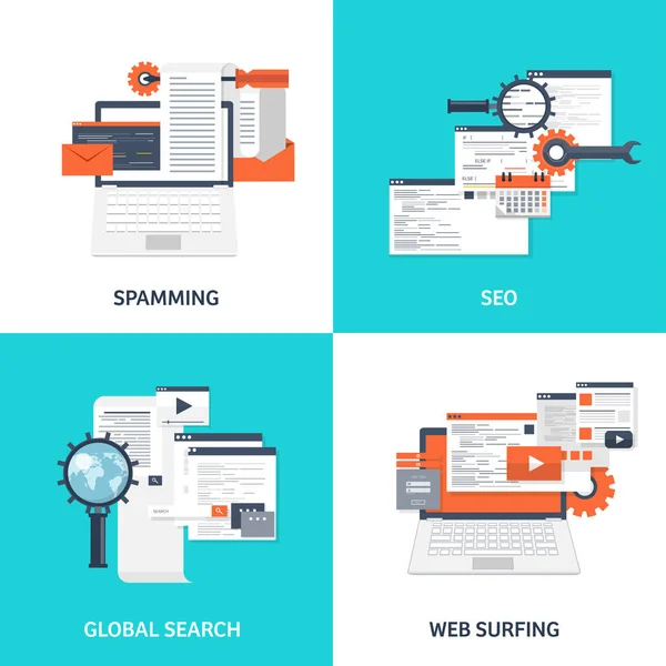 Illustration vectorielle. Fond plat. Codage, programmation. SEO. Optimisation des moteurs de recherche. Développement d'applications, création. Logiciel, code de programme. Web design . — Image vectorielle