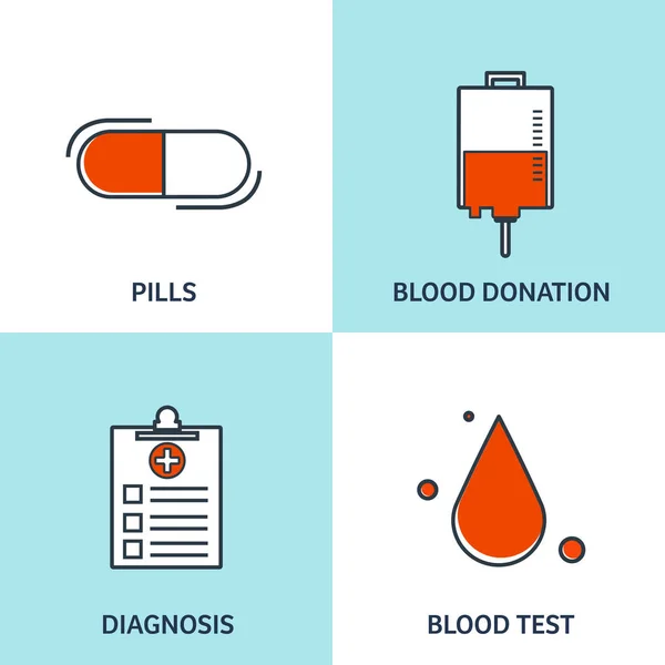 Ilustración vectorial. Fondo médico plano. Atención médica, primeros auxilios, investigación, cardiología. Medicina, estudio. Ingeniería química, farmacia. Esquema, forrado . — Vector de stock