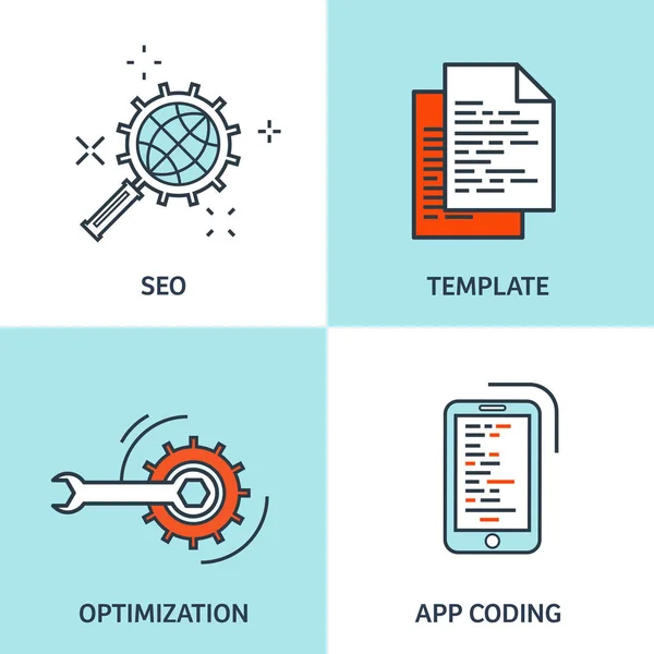 Illustration vectorielle. Fond plat. Codage, programmation. SEO. Optimisation des moteurs de recherche. Développement d'applications, création. Logiciel, code de programme. Web design . — Image vectorielle