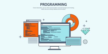 Vektör çizim. Düz arka plan. Kodlama, programlama. SEO. Arama Motoru Optimizasyonu. Uygulama geliştirme, oluşturma. Yazılım, program kodu. Web Tasarım.