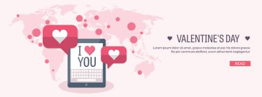 Vektör çizim. Düz arka plan tablet ve hoparlör ile. Aşk, kalpleri. Sevgililer günü. Benim sevgilim olmak. 14 Şubat.