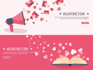 Vektör çizim. Düz arka plan hoparlör, el ve kitap ile. Aşk, kalpleri. Sevgililer günü. Benim sevgilim olmak. 14 Şubat. İleti.