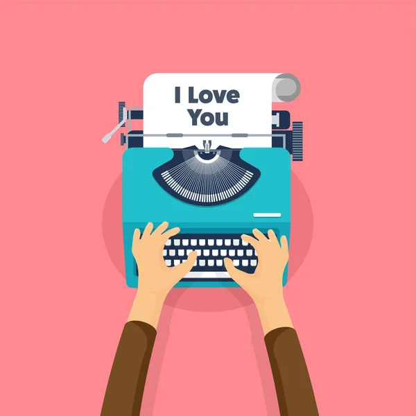 Vector illustration. Flat background with typewriter. Love, hearts. Valentines day. Be my valentine. 14 february. — Stock Vector