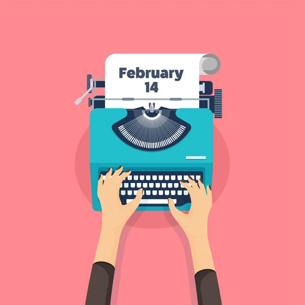 Vector illustration. Flat background with typewriter. Love, hearts. Valentines day. Be my valentine. 14 february. — Stock Vector