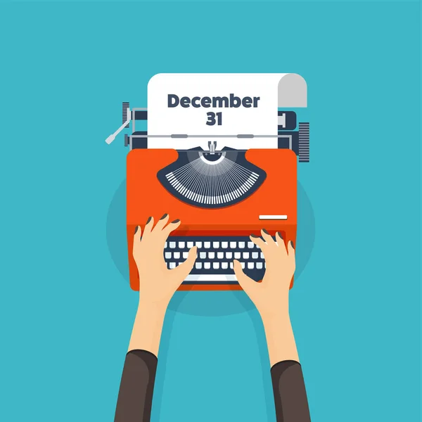 Máquina de escrever em estilo plano. Lista de desejos de Natal. Carta ao Pai Natal. Ano Novo. Em 2017. Dezembro 31 feriados . — Vetor de Stock