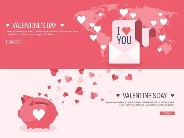 Vector illustration. Flat background with piggy bank. Love, hearts. Valentines day. Be my valentine. 14 february. Message. — Stock Vector