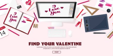 Sevgililer günü. Çalışma alanı tablosu ile. Tasarım ekipmanları. Kağıt üzerine çizim. El yapımı aşk kartı. Typewriting. Tebrik. 14 Şubat.