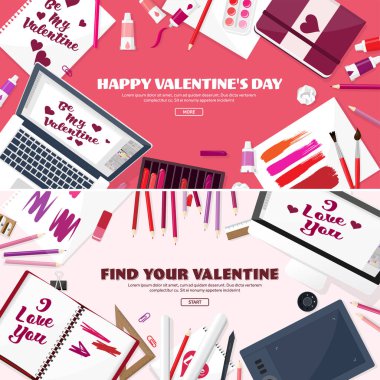 Sevgililer günü. Çalışma alanı tablosu ile. Tasarım ekipmanları. Kağıt üzerine çizim. El yapımı aşk kartı. Typewriting. Tebrik. 14 Şubat.