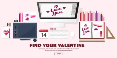 Sevgililer günü. Çalışma alanı tablosu ile. Tasarım ekipmanları. Kağıt üzerine çizim. El yapımı aşk kartı. Typewriting. Tebrik. 14 Şubat.