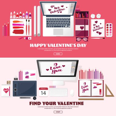 Sevgililer günü. Çalışma alanı tablosu ile. Tasarım ekipmanları. Kağıt üzerine çizim. El yapımı aşk kartı. Typewriting. Tebrik. 14 Şubat.