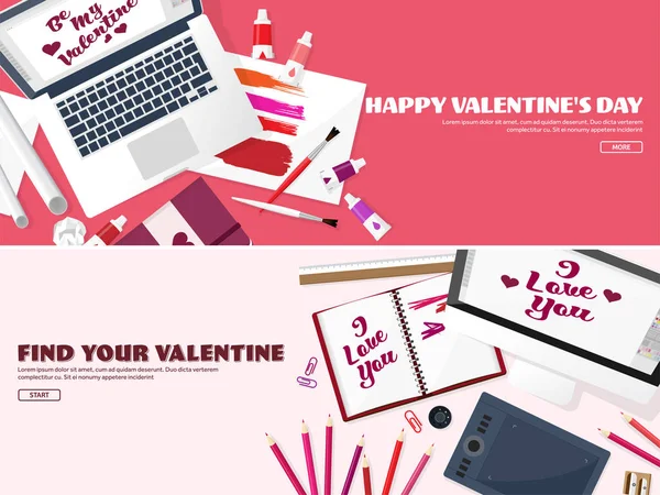 Valentines Day. Workplace with table. Design Equipment. Drawing on paper. Handmade love card. Typewriting. Greeting. February 14. — Stock Vector
